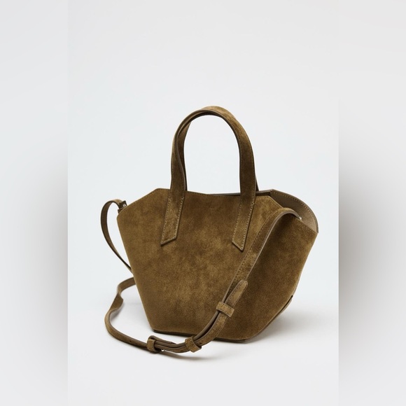 Zara khaki natural genuine Suede Tote Bag crossbody small bag